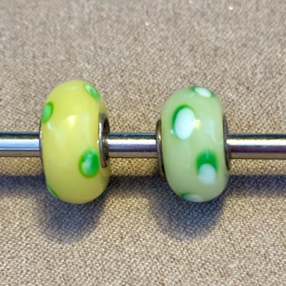 Two art glass beads Yellow & green w dots fit MINI charm holders ONLY